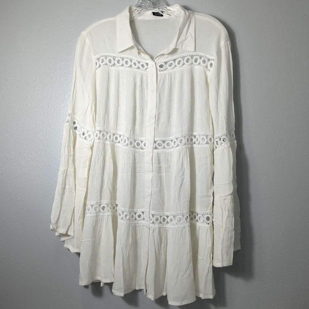NWT Womens Bohemian Off White Button Up Embroidered Tunic Top/Dress‎ Small 113